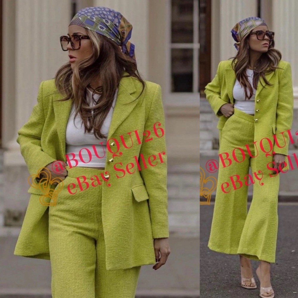ZARA Gold BUTTONED TWEED TEXTURED WEAVE BLAZER LIME GREEN Size S NEW